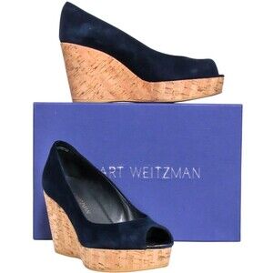 NEW Stuart Weitzman Womens Sz 5 Navy Blue Suede Wedge Heels Cork Pumps Peep Toe